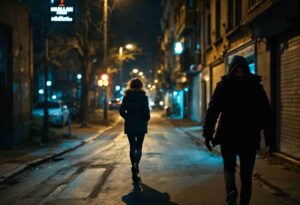 Eine Person läuft nachts durch eine dunkle Straße und fühlt sich verfolgt.