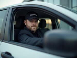 Sicherheitsmitarbeiter eines Revierwachdienstes in Berlin sitzt im Einsatzfahrzeug während einer Kontrollfahrt.
